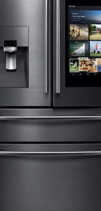 Sleek smart refrigerator with touchscreen display.