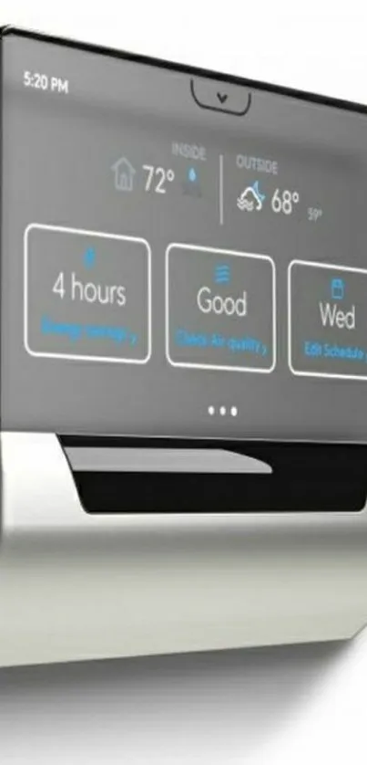 Smart thermostat interface displaying weather and air quality updates.