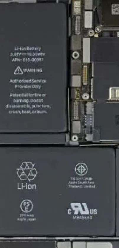 Closeup of smartphone battery and circuitry, showcasing intricate hardware details.