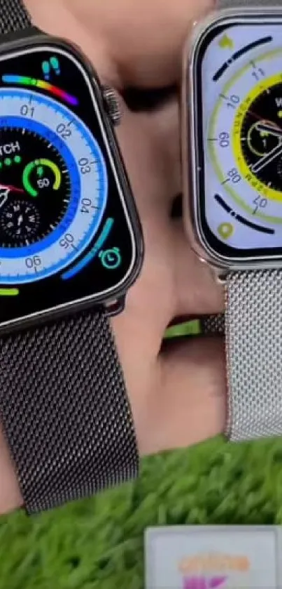 Two smartwatches with vibrant displays and metallic bands on green background.