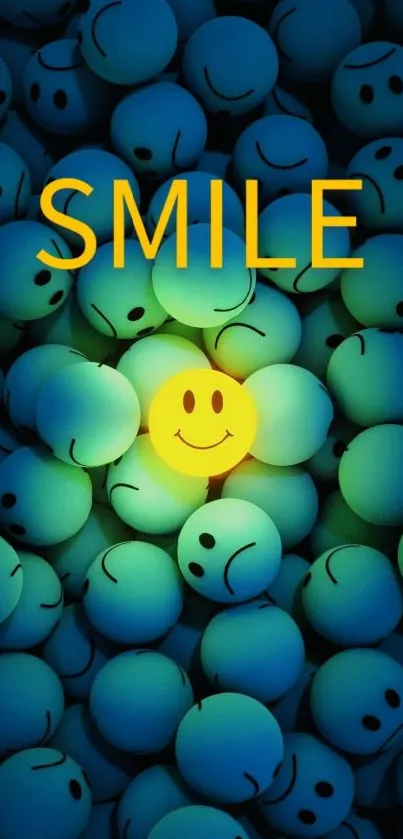 Yellow smiley face on dark blue emoji background with smile text.