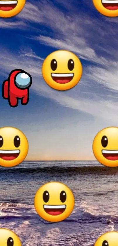 Fun wallpaper with smiling emojis over ocean.