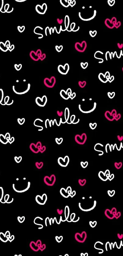 Black wallpaper with pink and white smiley faces and hearts.