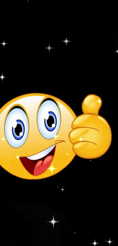 Cheerful emoji with thumbs up on black starry background.