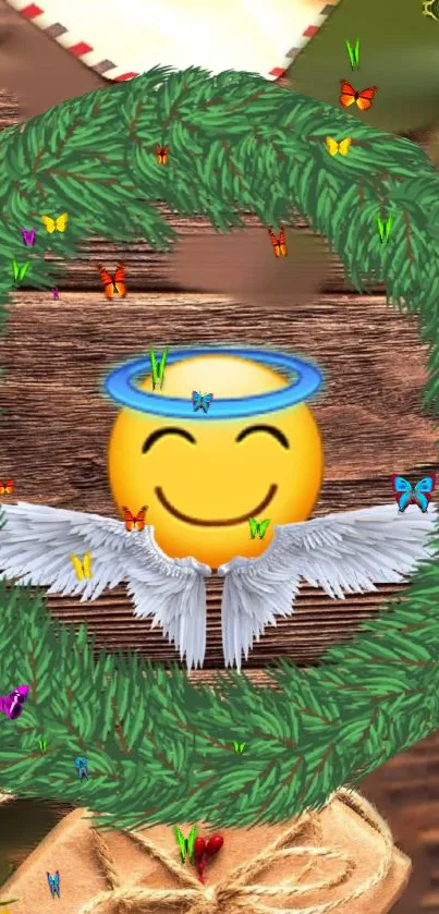 Smiley face angel with wings in a green wreath on wood background.