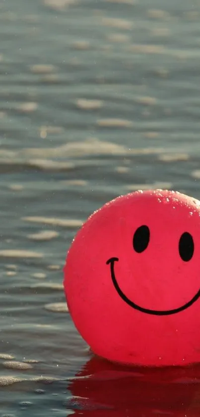 Smiley face ball on serene beach water reflecting sunlight.