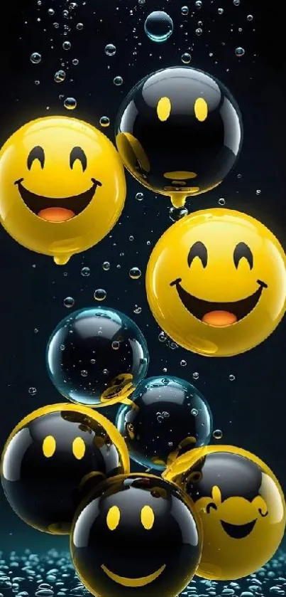 Colorful smiley balloons underwater with bubbles.