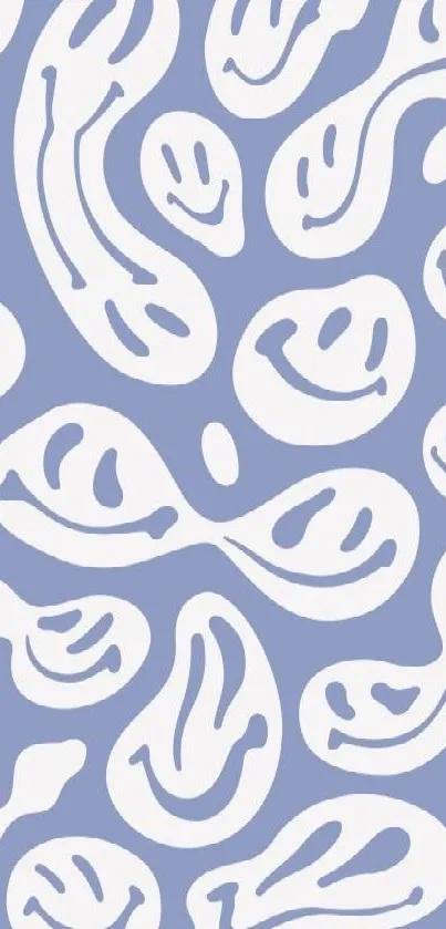 Playful blue abstract wallpaper with smiley designs.