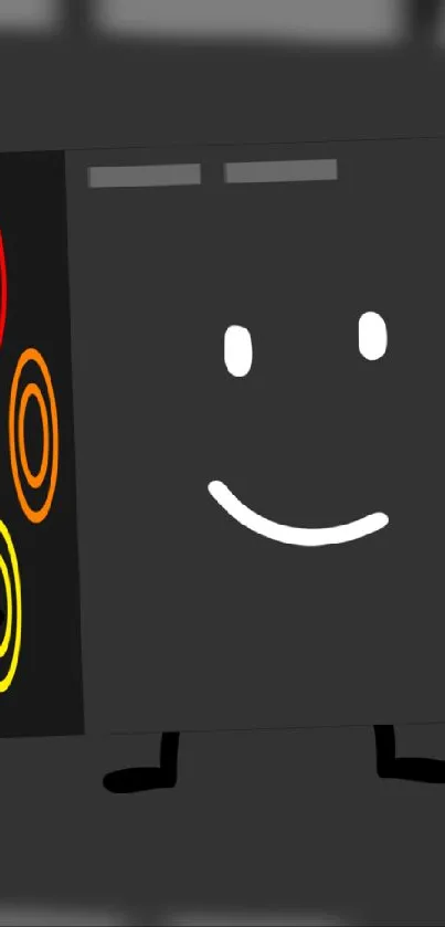 Mobile wallpaper with smiley box design and colorful circles on a dark background.