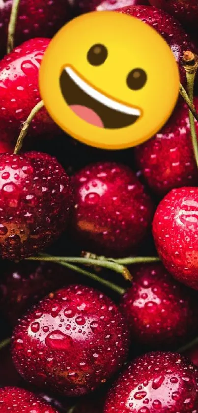 Happy smiley emoji on fresh cherries with water droplets.