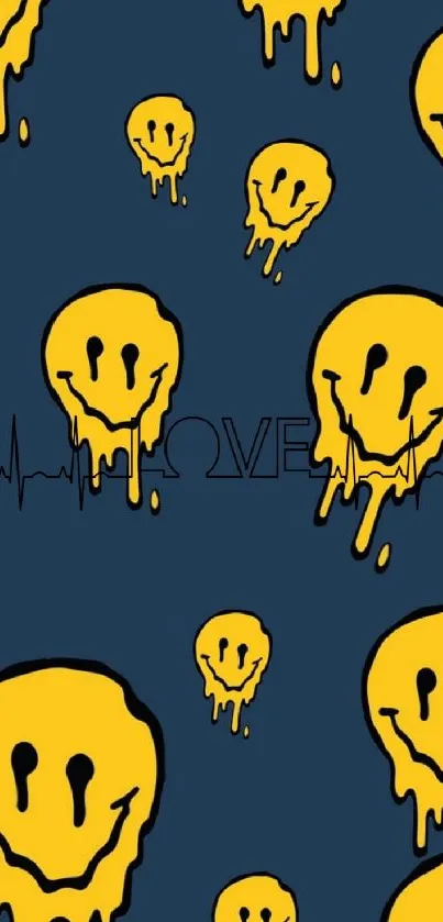 Yellow smiley face drips on navy, featuring heartbeat LOVE text.