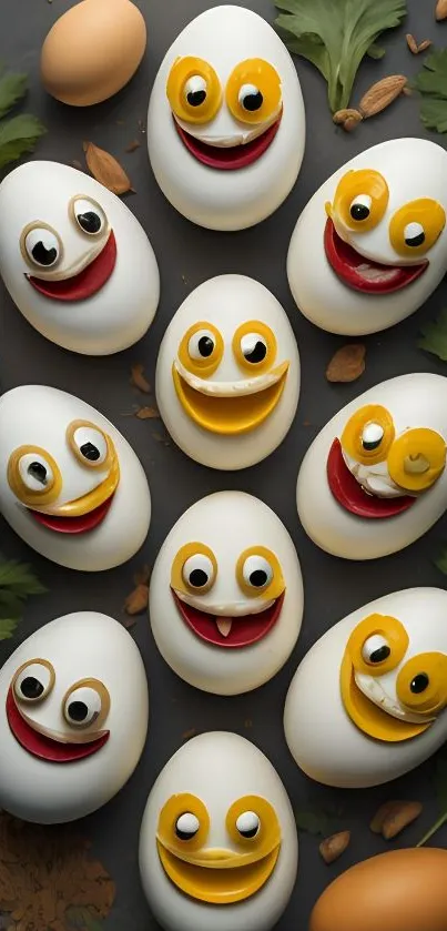 Eggs with smiley faces artfully arranged.