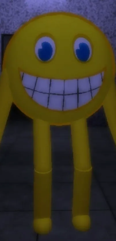 Smiley emoji character in a spooky, dimly lit alley background wallpaper.