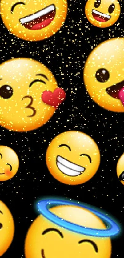 Colorful smiley emoji faces on a black background mobile wallpaper.