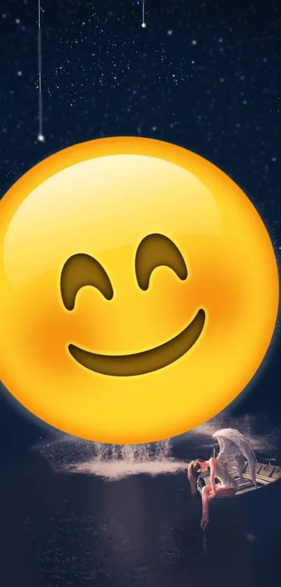 A glowing smiley emoji over a starry night sky, featuring a small boat.