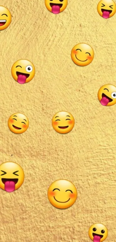 Playful smiley emojis on yellow textured background wallpaper.