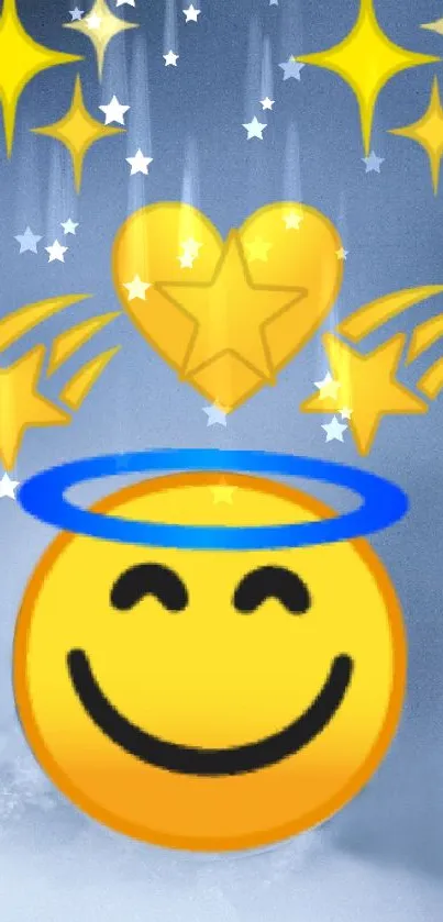 Smiley emoji with stars and heart on a blue background.