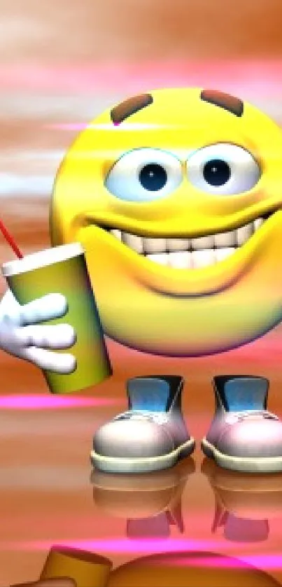 Smiley emoji holding a drink on an orange background.