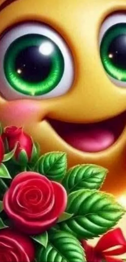 Cheerful smiley emoji with red roses bouquet.
