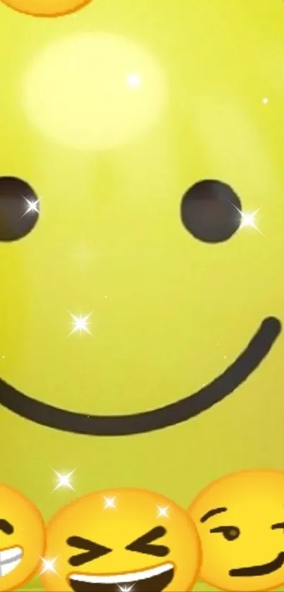 Yellow smiley face wallpaper with emojis and sparkles.