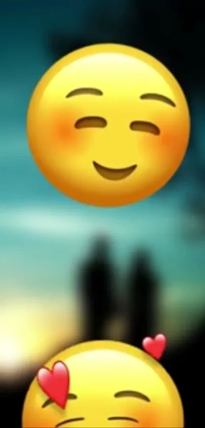 Smiley emojis over a blurred scenic background.