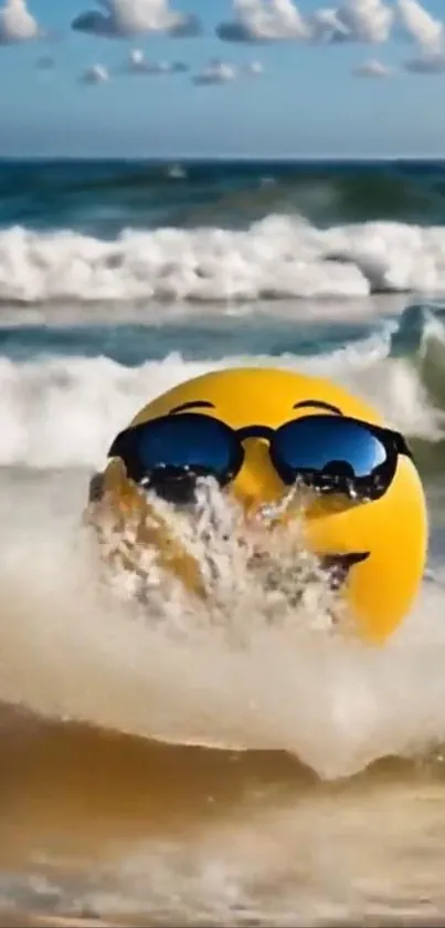 Smiley face with sunglasses splashing in ocean waves.