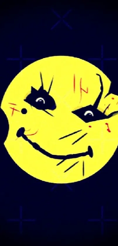 Grinning abstract face in vibrant yellow on a dark background.