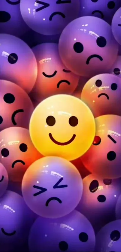 Colorful smiley face spheres with purple glow.