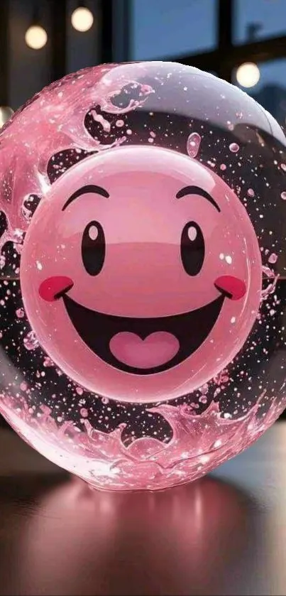 Smiley face encased in pink mystical orb glowing with lights.