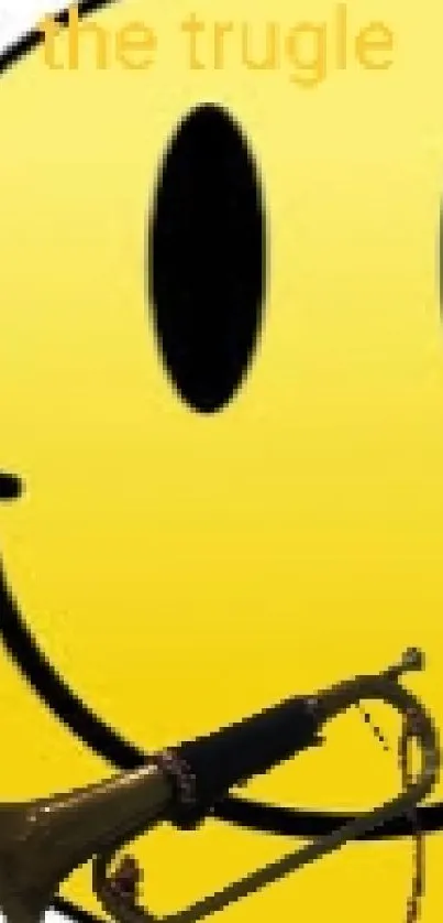 Smiley face with a horn on a bright yellow background.