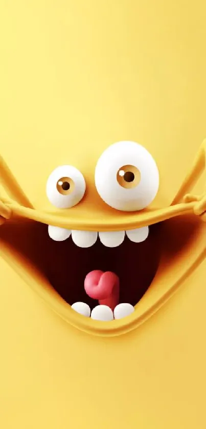 Yellow smiley face with big eyes and mouth on a bright yellow background.