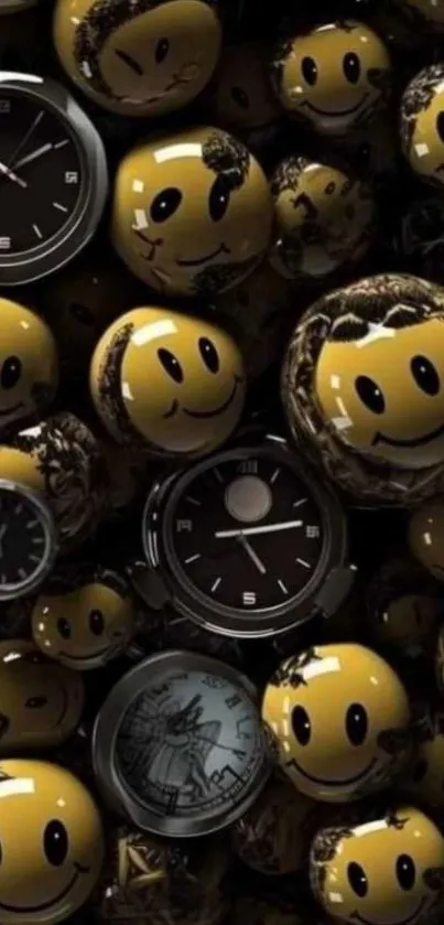 Yellow smiley faces with clocks in a vibrant design.