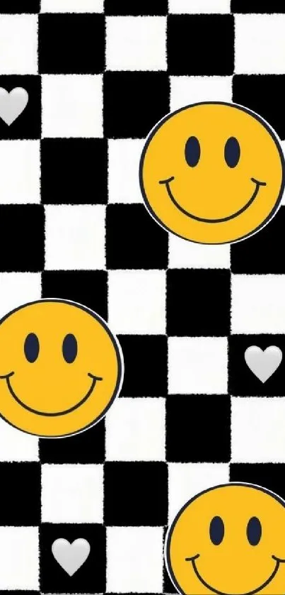 Yellow smiley faces on black and white checkerboard background.