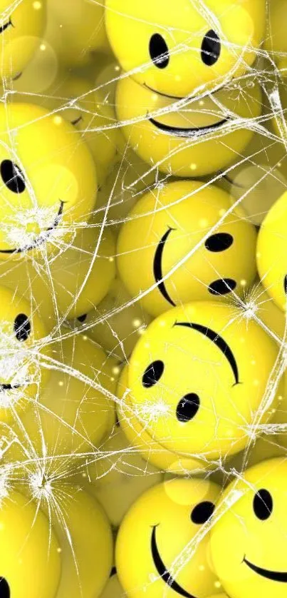 Yellow smiley faces with a cracked screen effect.