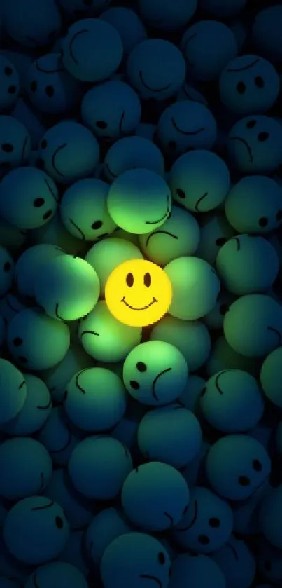 Yellow smiley face surrounded by dark blue faces.