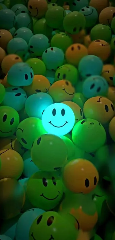 Colorful glowing smiley faces wallpaper with vibrant spheres and cheerful vibes.