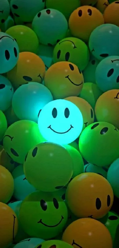 Glowing smiley face amidst colorful spheres wallpaper.