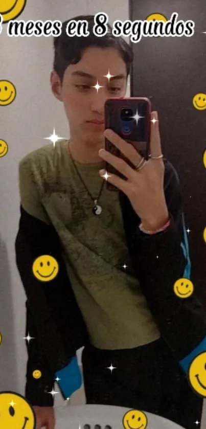 Mirror selfie with yellow smiley faces and sparkling effects.