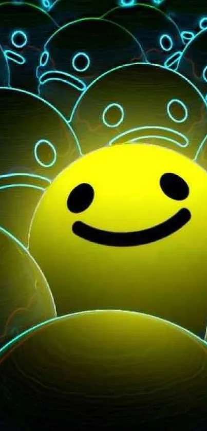 Neon yellow smiley face among blue faces.