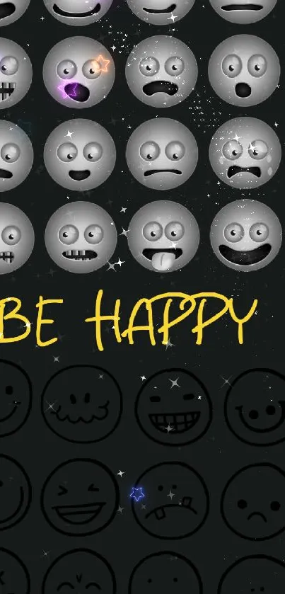 Be Happy wallpaper with grey emoticons on black background.