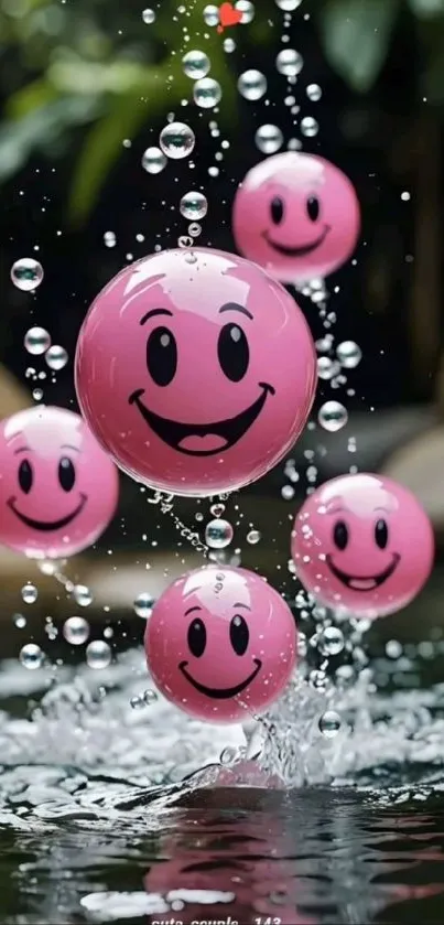 Pink smiley faces bounce above water with splashes and bubbles.