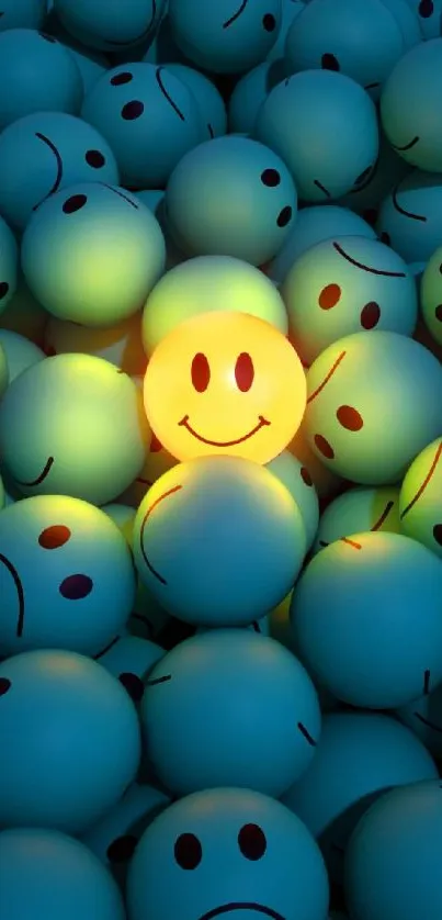 Vibrant smiley face wallpaper with glowing yellow and blue tones.