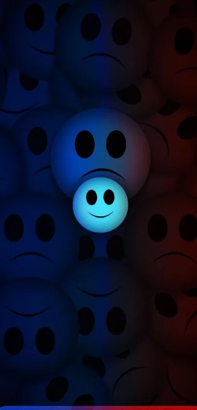 Bright smiley in blue glow among sad faces on wallpaper.