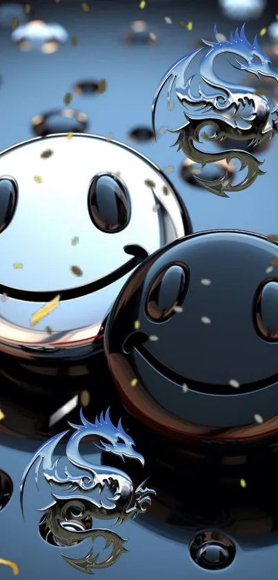 3D smiley faces and dragons on a dark background wallpaper.