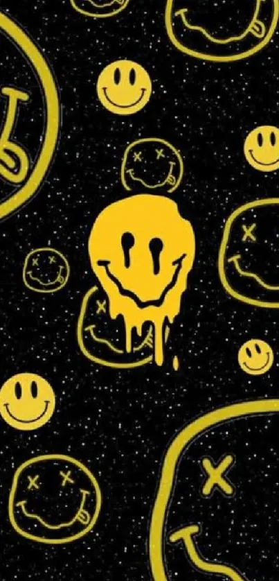 Yellow smiley faces on black background mobile wallpaper.