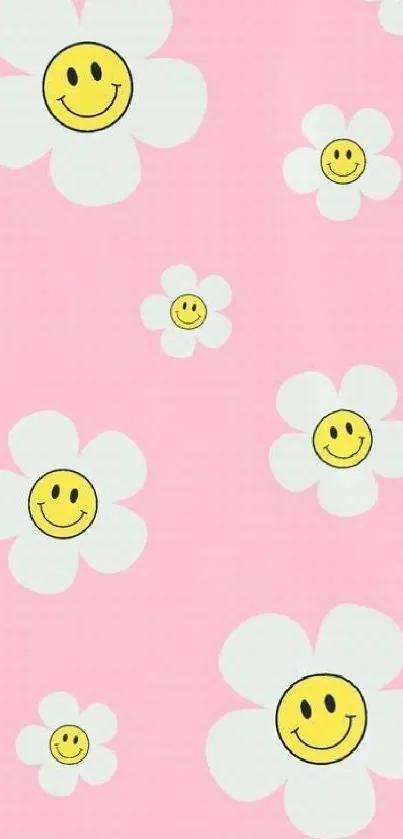 Pink wallpaper with smiling white flowers.