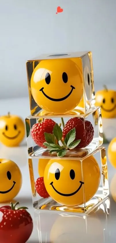 Cheerful smiley fruit blocks design with strawberries.