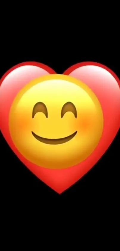 Mobile wallpaper with smiley face heart emoji on black background.