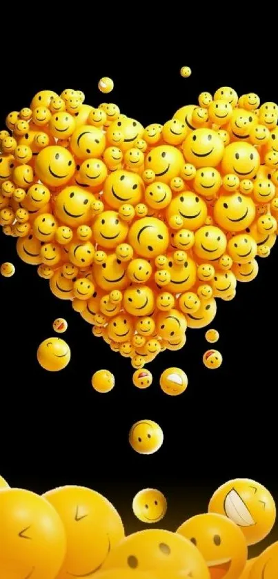 Smiley faces forming a heart shape on black background phone wallpaper.