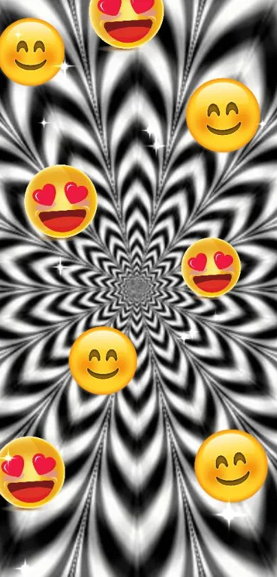 Hypnotic smiley wallpaper with vibrant emojis on a spiral pattern.